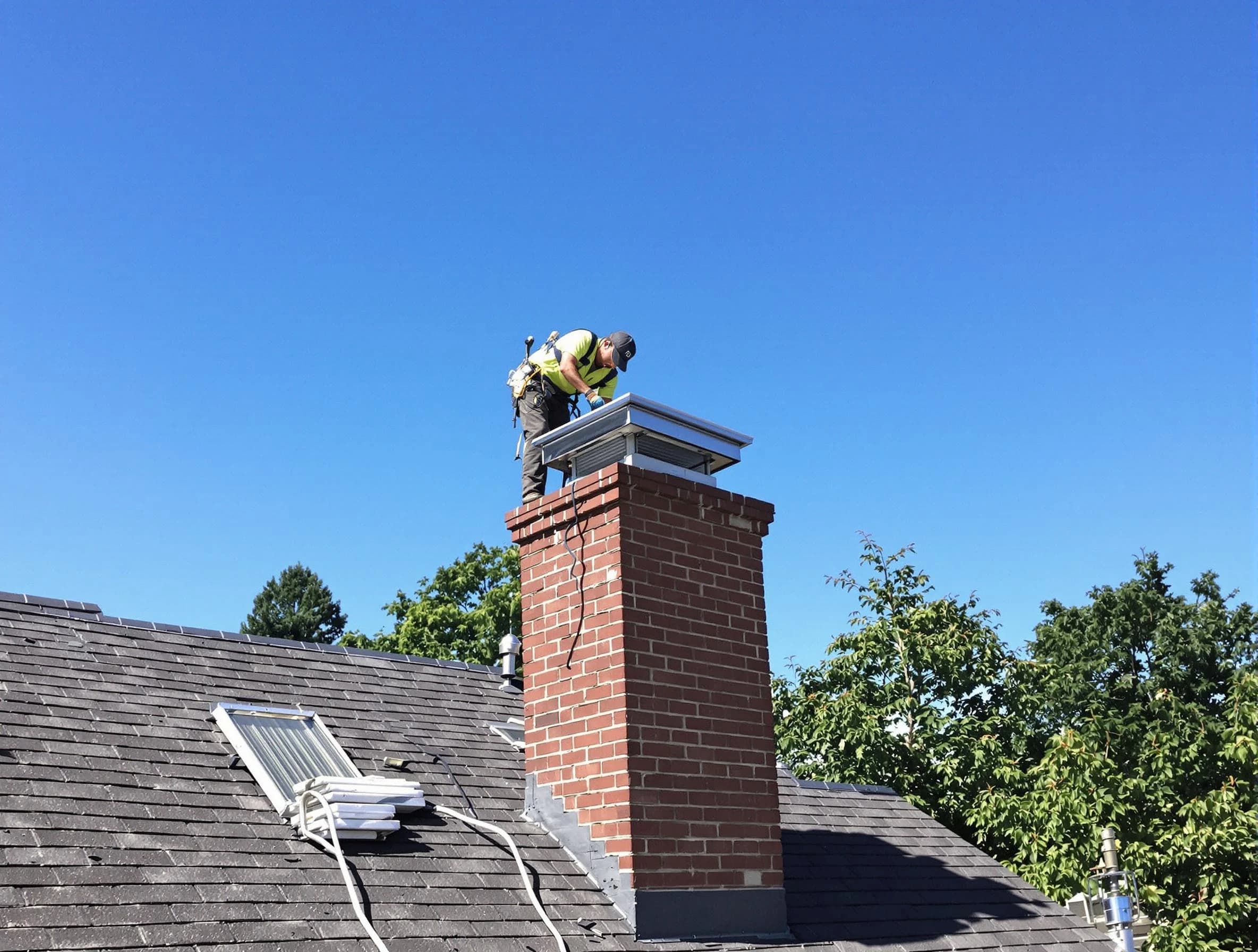 Hackensack Chimney Sweep technician measuring a chimney cap in Hackensack, NJ