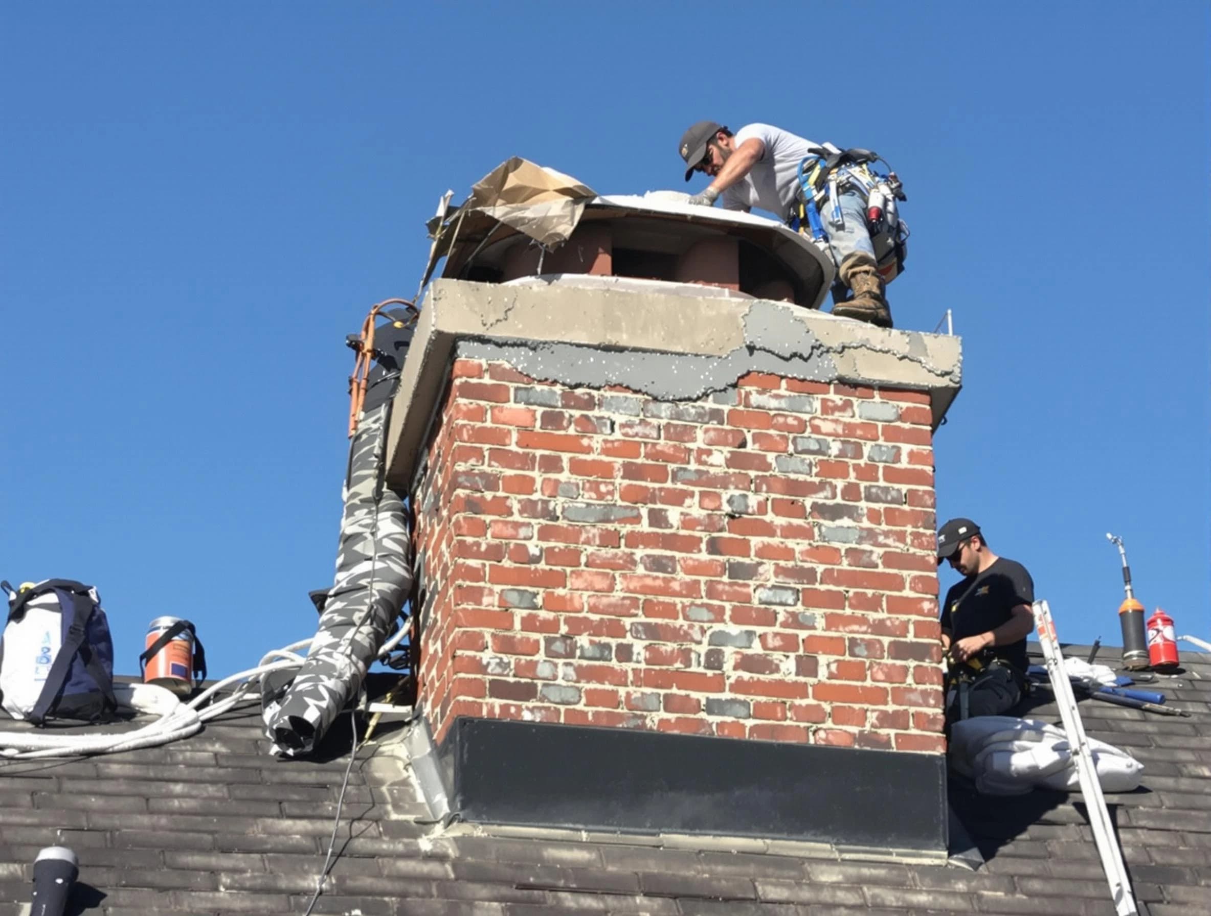 Hackensack Chimney Sweep installing a custom chimney crown in Hackensack, NJ